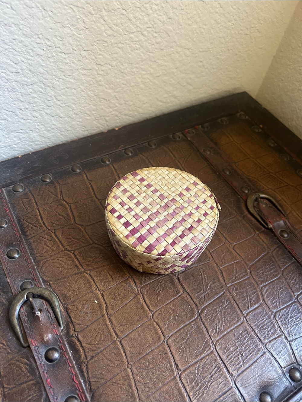 Handwoven Natural and Purple Round Trinket Box - Home Accents - Picture 3 of 3